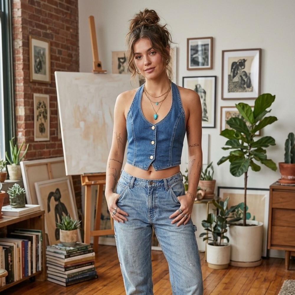 RSQ Denim Button-Front Cropped Vest - Blue